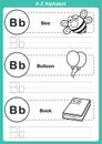 Alphabet a-z exercise with cartoon vocabulary for coloring book