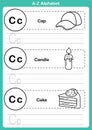 Alphabet a-z exercise with cartoon vocabulary for coloring book