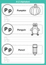 Alphabet a-z exercise with cartoon vocabulary for coloring book