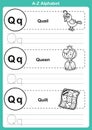 Alphabet a-z exercise with cartoon vocabulary for coloring book