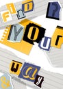 Alphabetical collage banner, poster vector illustration. Words cut out by scissors from colorful paper. Pieces of Royalty Free Stock Photo