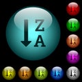 Alphabetically descending ordered list icons in color illuminated glass buttons