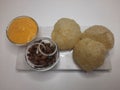 Alphonso Mango pulp with fried poori and channa Royalty Free Stock Photo