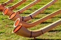Alphorns laying on grass on the alpine meadow Royalty Free Stock Photo