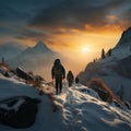 Alpine adventure Backpackers walking in snowy mountains during sunset Royalty Free Stock Photo