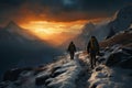 Alpine adventure Backpackers walking in snowy mountains during sunset