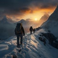 Alpine adventure Backpackers walking in snowy mountains during sunset Royalty Free Stock Photo