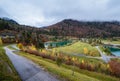 Alpine autumn .river and bridge view