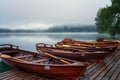 Alpine Bled lake (Blejsko jezero) in dense fog, amazing misty landscape, Slovenia, outdoor travel background