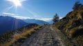 Alpine Bliss: Sunlit Gravel Trail Amid Majestic Peaks