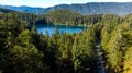 Alpine Blue Water Lake in Woodlands. Fusine Lake Italy. Drone View