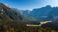 Alpine Blue Water Lake in Woodlands. Fusine Lake Italy. Drone View