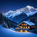 an alpine cabin chalet in front of a snowy winter landscape in the mountains during Content is created with