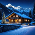 an alpine cabin chalet in front of a snowy winter landscape in the mountains during Content is created with