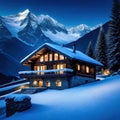 an alpine cabin chalet in front of a snowy winter landscape in the mountains during Content is created with Royalty Free Stock Photo