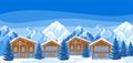 Alpine chalet houses. Winter resort illustration.