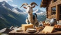Alpine Cheese Display with Cartoon Goat