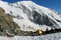 Alpine climbers base camp on hiking route, the flag of Bulgaria