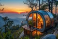 Alpine Dawn at Mountain Glamping Retreat. Glamping retreat catches first light of dawn atop mountain clouds. Elegantly designed