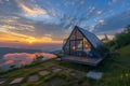 Alpine Dawn at Mountain Glamping Retreat. Glamping retreat catches first light of dawn atop mountain clouds. Elegantly designed