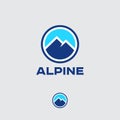 Alpine emblem. Round Mountain logo. Sports facilities symbol. Blue Mountain peaks.