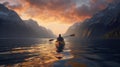 Alpine Escape: Young Woman Kayaking in a Crystal Lake Amidst the Majestic Alps Royalty Free Stock Photo