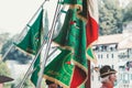 Alpine flags during the 2021 parade on the Ponte Vecchio at Bassano del Grappa