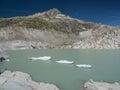 Alpine glacier lake with floating icebergs and sharp peaks