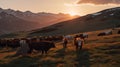 Alpine Grazing: Cows on a Wildflower Meadow with Snowy Peaks. Generative AI Royalty Free Stock Photo