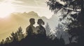 Alpine Harmony: Couple's Silhouette with Bavarian Alps Vacation Double Exposure