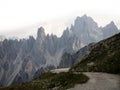 Alpine hiker panorama of Cadini di Misurina mountain group atTre Cime di Lavaredo in Dolomites South Tyrol Italy alps Royalty Free Stock Photo