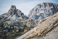 Alpine hut Dreizinnenhutte and mountain Toblinger Knoten in Sexten Dolomites, South Tyrol, Italy Royalty Free Stock Photo