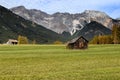 Alpine hut in mountain at rural fall landscape. Mieminger Plateau, Austria, Europe Royalty Free Stock Photo