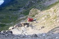 Alpine hut Rifugio Agostini and chapel in Brenta Dolomites mountains, Italy Royalty Free Stock Photo