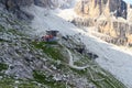 Alpine hut Rifugio Agostini and mountain alps panorama in Brenta Dolomites, Italy Royalty Free Stock Photo