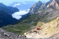 Alpine hut Rifugio Agostini and mountain alps panorama in Brenta Dolomites, Italy Royalty Free Stock Photo