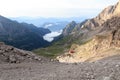 Alpine hut Rifugio Agostini and mountain alps panorama in Brenta Dolomites, Italy Royalty Free Stock Photo