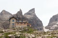 Alpine hut Rifugio Tuckett Mountain Cima Sella panorama in Brenta Dolomites, Italy Royalty Free Stock Photo