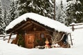 Alpine hut in winter in the Alps. Winter Landscape in a Forest near Lake Antholz Anterselva, South Tirol. Royalty Free Stock Photo