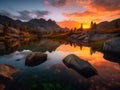 Alpine Lake Sunset Reflections - Mirror-like Water & Majestic Peaks