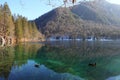 Alpine lake surrounded by snow-capped mountains and two ducks swimming Royalty Free Stock Photo