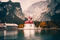 Alpine landscape with a church on Koenigssee lake, Germany Royalty Free Stock Photo