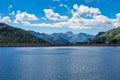 Alpine landscape in the Dolomites, Italy. Glacier Marmolada and Lago di Fedaia Royalty Free Stock Photo