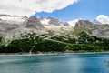 Alpine landscape in the Dolomites, Italy. Glacier Marmolada and Lago di Fedaia