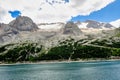 Alpine landscape in the Dolomites, Italy. Glacier Marmolada and Lago di Fedaia