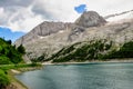 Alpine landscape in the Dolomites, Italy. Glacier Marmolada and Lago di Fedaia