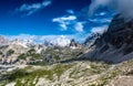 Alpine Landscape With Mountain Peaks And View To Rifugio Antonio Locatelli - Dreizinnenhuette -  On Mountain Tre Cime Di Lavaredo Royalty Free Stock Photo