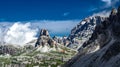 Alpine Landscape With Mountain Peaks And View To Rifugio Antonio Locatelli - Dreizinnenhuette -  On Mountain Tre Cime Di Lavaredo Royalty Free Stock Photo