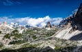 Alpine Landscape With Mountain Peaks And View To Rifugio Antonio Locatelli - Dreizinnenhuette -  On Mountain Tre Cime Di Lavaredo Royalty Free Stock Photo