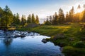 Alpine landscape, mountain stream in idyllic environment amid rocks meadows and forest. Sunburst at sunrise, the italian Alps Royalty Free Stock Photo